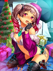 Rule 34 | 1girl, bare shoulders, blush, boots, bow, breasts, brown hair, christmas tree, copyright name, cuffs, drill hair, fingerless gloves, furyou michi ~gang road~, gift, gloves, hair bow, handcuffs, hat, jairou, looking at viewer, necktie, open mouth, red eyes, santa hat, solo, star (symbol), sweat, thigh boots, thighhighs, tongue, twin drills, twintails, umbrella