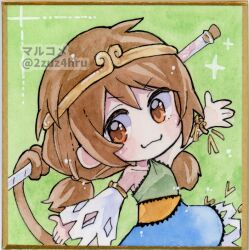 Rule 34 | 1girl, 2zuz4hru, :3, bare shoulders, blue dress, bo staff, brown eyes, brown hair, brown tail, chibi, circlet, closed mouth, collarbone, commentary request, detached sleeves, dress, green background, green dress, low twintails, monkey girl, monkey tail, multicolored clothes, multicolored dress, painting (medium), prehensile tail, ruyi jingu bang, simple background, single-shoulder dress, single detached sleeve, smile, son biten, tail, test tube, touhou, traditional media, twintails, unfinished dream of all living ghost, upper body, watercolor (medium), white sleeves, yellow dress