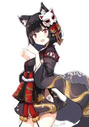 Rule 34 | 1girl, :d, animal ears, azur lane, bell, black hair, blunt bangs, blush, cat ears, cat mask, commentary request, cowboy shot, dated, fang, highres, japanese clothes, jingle bell, looking at viewer, mask, mask on head, nosuku, open mouth, panties, red eyes, short hair, side-tie panties, simple background, smile, solo, underwear, white background, white panties, wide sleeves, yamashiro (azur lane)