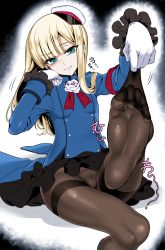 Rule 34 | 1girl, blonde hair, blue eyes, blush, clothes pull, colorized, fate/grand order, fate (series), feet, highres, long hair, looking at viewer, pantyhose, pantyhose pull, parted lips, reines el-melloi archisorte, smile, soles, toes