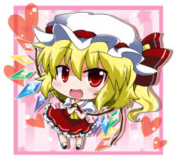 Rule 34 | 1girl, ascot, bad id, bad pixiv id, blonde hair, blush, fang, female focus, flandre scarlet, hat, noai nioshi, open mouth, red eyes, ribbon, short hair, side ponytail, skirt, solo, touhou, wings