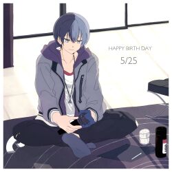 Rule 34 | 1boy, aoyagi touya, black pants, blue hair, blue socks, cleaning, closed mouth, collarbone, crossed ankles, dated, day, feet, full body, grey eyes, grey jacket, happy birthday, highres, holding, holding cloth, holding microphone, hood, hood down, hooded jacket, indoors, jacket, jewelry, male focus, microphone, multicolored hair, no shoes, open clothes, open jacket, pants, pendant, print shirt, project sekai, purple jacket, shirt, short hair, sidelocks, sitting, smile, socks, soles, solo, stool, tile floor, tiles, two-tone hair, watanuki (enu), white shirt, window