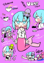 Rule 34 | 2girls, arrow (symbol), bare legs, barefoot, biting, black jacket, blue eyes, blue hair, blue wristband, blush stickers, bowl, character name, closed mouth, collarbone, collared jacket, colored inner hair, commentary request, cropped torso, crossed arms, dog, double-parted bangs, fangs, fins, fish bone, fish tail, food, full body, green hair, heart, jacket, light frown, looking at viewer, low ponytail, lying, medium hair, mermaid, miniskirt, monster girl, multicolored hair, multiple girls, multiple views, noodles, octopus hair ornament, on stomach, open mouth, original, outstretched arm, pink hair, pink skirt, pink tail, purple background, purple hair, ramen, sharp teeth, shirt, short sleeves, simple background, single bare shoulder, single off shoulder, skirt, sweat, t-shirt, tail, teeth, terada tera, translation request, upper teeth only, v-shaped eyebrows, white hair, white shirt, white sleeves, yellow wristband