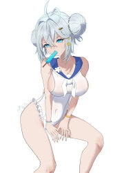 Rule 34 | 1girl, absurdres, azur lane, bare shoulders, between legs, blue eyes, blush, bracelet, breasts, cleavage, covered navel, double bun, flower ornament, food, food in mouth, frilled one-piece swimsuit, frills, hair between eyes, hair bun, hair ornament, hairclip, hand between legs, head tilt, highres, hip focus, holding, holding food, holding popsicle, jade (a lick of summer) (azur lane), jade (azur lane), jewelry, kanshoi, leaning forward, leaning to the side, legs apart, looking at viewer, medium breasts, medium hair, mole, mole under eye, mouth hold, neckerchief, one-piece swimsuit, pearl bracelet, popsicle, popsicle in mouth, sailor collar, sideboob, solo, star (symbol), star hair ornament, swimsuit, thighs, white hair, white neckerchief