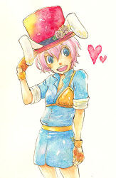 Rule 34 | 1girl, animal ear headwear, animal ears, archer (ragnarok online), blue dress, blue eyes, blush, breasts, brown gloves, collared dress, commentary request, cowboy shot, dress, fake animal ears, fingerless gloves, flower, gloves, hair between eyes, hat, hat flower, heart, long bangs, looking at viewer, lowres, muneate, open mouth, pink flower, pink hair, ragnarok online, red hat, round teeth, short dress, short hair, short sleeves, simple background, small breasts, smile, solo, teeth, top hat, traditional media, umaruzo, upper teeth only, white background