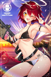 Rule 34 | 1girl, ;d, absurdres, arknights, arm strap, armpits, barcode, barcode tattoo, bare arms, bare shoulders, belt, bikini, black belt, black bikini, blush, breasts, cityscape, collarbone, commentary request, copyright name, cowboy shot, exusiai (arknights), gun, hair between eyes, halo, hand up, highres, holding, holding gun, holding weapon, huge filesize, korean commentary, kyudong., looking at viewer, medium breasts, moon, multicolored bikini, multicolored clothes, navel, one eye closed, open mouth, outdoors, partial commentary, pouch, red hair, short hair, side-tie bikini bottom, smile, solo, stomach, strap gap, sunset, swimsuit, tattoo, thighs, trigger discipline, v, weapon, white bikini, wristband, yellow eyes