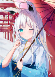 Rule 34 | 1girl, absurdres, ahoge, animal ears, blush, braid, breasts, commentary request, earrings, finger to face, fox ears, fox tail, green eyes, hair between eyes, hair ornament, highres, holding, holding umbrella, hololive, japanese clothes, jewelry, kimono, long hair, looking at viewer, obi, oil-paper umbrella, one eye closed, sash, shirakami fubuki, shirakami fubuki (new year), sidelocks, single braid, small breasts, smile, snow, solo, tail, torii, umbrella, virtual youtuber, white hair, white kimono, wide sleeves, wolfgang (paul94104875)