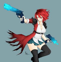 Rule 34 | 1girl, angry, armor, belt, black belt, black thighhighs, blue background, blue skirt, breasts, cleavage, closed mouth, coat, collarbone, collared shirt, commentary, dual wielding, fatuus, finger on trigger, foreshortening, gun, hair between eyes, handgun, holding, holding gun, holding weapon, large breasts, leg up, long sleeves, looking away, looking to the side, machine pistol, miniskirt, open clothes, open coat, open shirt, original, outstretched arm, pauldrons, pleated skirt, red coat, red eyes, red hair, serious, shirt, short hair, shoulder armor, signature, simple background, skirt, solo, standing, standing on one leg, submachine gun, thighhighs, uzi, weapon, white shirt, wing collar, zettai ryouiki