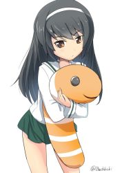 Rule 34 | 1girl, black hair, brown eyes, buchikaki, commentary request, cowboy shot, frown, girls und panzer, hairband, holding, holding stuffed toy, leaning forward, long hair, looking at viewer, ooarai school uniform, parted lips, reizei mako, school uniform, simple background, solo, standing, stuffed animal, stuffed snake, stuffed toy, twitter username, white background, white hairband