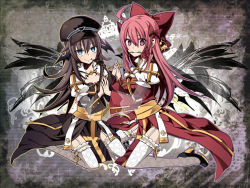 Rule 34 | 2girls, alternate color, arch bishop (ragnarok online), bell, black footwear, black wings, blue eyes, blush, bow, brown hair, cleavage cutout, closed mouth, clothing cutout, commentary request, demon wings, dress, full body, garter straps, hair bell, hair between eyes, hair bow, hair ornament, head wings, high heels, holding hands, juliet sleeves, long hair, long sleeves, looking at viewer, mouth hold, multiple girls, pink hair, pipe in mouth, puffy sleeves, ragnarok online, red bow, red dress, red eyes, reona amane, sash, smile, smoking pipe, stalk in mouth, thighhighs, white dress, white legwear, wings, yellow sash