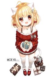 Rule 34 | 1girl, absurdres, ahoge, animal ear fluff, animal ears, blonde hair, blush, bow, box, braid, brown bow, brown skirt, cat ears, cat girl, cat tail, collarbone, commentary request, copyright request, english text, frilled sleeves, frilled sweater, frills, full body, gift, gift box, hair between eyes, highres, holding, holding gift, loading (verjuice), long sleeves, looking at viewer, off-shoulder sweater, off shoulder, pleated skirt, red eyes, red sweater, simple background, skirt, sleeves past wrists, solo, standing, sweater, tail, tail bow, tail ornament, transparent background, twin braids, watermark, web address, white background