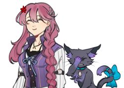 Rule 34 | 1girl, absurdres, anger vein, black cat, black fur, blue bow, bow, braid, cat, celine (sen no kiseki), closed eyes, closed mouth, commentary, commission, earrings, eiyuu densetsu, emma millstein, eyelashes, facepalm, hair between eyes, highres, jewelry, leorlontyan, long hair, purple hair, sen no kiseki, sen no kiseki iii, side braid, simple background, single braid, smile, tail, tail bow, tail ornament, white background