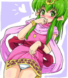 Rule 34 | 1girl, blush, clothes lift, dress, dress lift, fire emblem, fire emblem: mystery of the emblem, fire emblem: shadow dragon, green eyes, green hair, konpeto, lifted by self, lowres, matching hair/eyes, nintendo, panties, pink dress, pointy ears, smile, solo, tiki (fire emblem), tiki (young) (fire emblem), underwear, white panties, wristband