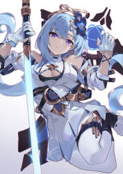 Rule 34 | 1girl, asc11, bare shoulders, belt, blue hair, blue lightsaber, boots, breasts, cleavage, cleavage cutout, closed mouth, clothing cutout, detached sleeves, dress, earrings, energy sword, flower, gloves, griseo, griseo (cosmic expression), hair flower, hair ornament, highres, holding, holding sword, holding weapon, honkai (series), honkai impact 3rd, jewelry, lightsaber, long hair, looking at viewer, medium breasts, pantyhose, parted lips, purple eyes, simple background, smile, solo, sword, thighhighs, weapon, white background, white dress, white gloves, white thighhighs