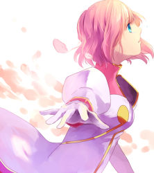 Rule 34 | 00s, 1girl, blue eyes, breasts, dress, estellise sidos heurassein, female focus, gloves, looking up, petals, pink hair, profile, puffy sleeves, short hair, simple background, solo, tales of (series), tales of vesperia, upper body, white background, white dress