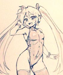 Rule 34 | 1girl, alternate costume, bare legs, bracelet, breasts, commentary request, competition swimsuit, covered navel, cowboy shot, d-m (dii emu), eyelashes, greyscale, hatsune miku, headset, jewelry, long hair, looking at viewer, monochrome, one-piece swimsuit, open mouth, swimsuit, thighhighs, traditional media, twintails, very long hair, vocaloid