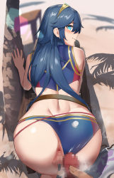 Rule 34 | 1boy, 1girl, absurdres, alternate costume, anus, ass, back, beach, bent over, bikini, bikini bottom aside, blue bikini, blue eyes, blue hair, blush, censored, closed mouth, clothing aside, commentary, commission, day, feet out of frame, fire emblem, fire emblem awakening, from behind, hair between eyes, highres, long hair, looking at viewer, looking back, lucina (fire emblem), mazenda (3378), mosaic censoring, nintendo, outdoors, palm tree, penis, pov, pussy, shadow, skeb commission, smile, solo focus, steaming body, swimsuit, swimsuit aside, symbol-shaped pupils, thighs, tiara, tree