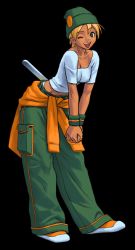 Rule 34 | 1girl, blonde hair, brazil, cargo pants, clothes around waist, dark-skinned female, dark skin, green eyes, hat, midriff, official art, open mouth, panties, pants, pupa salgueiro, rage of the dragons, shirt, short hair, smile, snk, solo, sweater, sweater around waist, t-shirt, transparent background, underwear, wrench