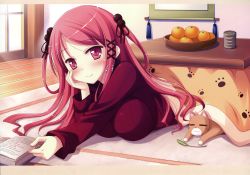 Rule 34 | 1girl, =.w.=, animal, book, breasts, cat, cattail, cropped jacket, food, fruit, head rest, head tilt, highres, hinomiya ayari, kotatsu, ko~cha, large breasts, long sleeves, looking at viewer, lying, mandarin orange, on stomach, open book, orange (fruit), paw print, plant, reading, red eyes, red hair, smile, table, witch&#039;s garden