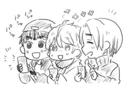 Rule 34 | 10s, 3boys, :d, cellphone, closed eyes, freckles, greyscale, hat, ji guang-hong, leo de la iglesia, male focus, monochrome, multiple boys, oimo mushi, open mouth, phichit chulanont, phone, smartphone, smile, yuri!!! on ice