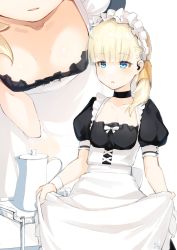 Rule 34 | 1girl, apron, apron lift, blonde hair, blue eyes, blunt bangs, blush, breasts, choker, clothes lift, collarbone, hair ornament, highres, kantai collection, lifting own clothes, long hair, maid, maid headdress, meth (emethmeth), multiple views, open mouth, puffy short sleeves, puffy sleeves, shin&#039;you (kancolle), short sleeves, side ponytail, signature, small breasts, teapot, tray