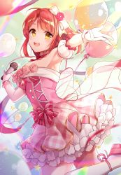 Rule 34 | 1girl, :d, absurdres, armpits, balloon, bare shoulders, blush, bow, breasts, brown hair, cloud, commentary request, detached sleeves, dress, flower, gloves, goroo (eneosu), hair bow, high heels, highres, holding, holding microphone, kneehighs, long hair, love live!, love live! nijigasaki high school idol club, love live! school idol festival all stars, medium breasts, microphone, open mouth, outstretched arm, pink dress, pink flower, pink footwear, pink rose, plaid, plaid dress, pleated dress, puffy short sleeves, puffy sleeves, red bow, rose, round teeth, shoes, short sleeves, smile, socks, solo, star (symbol), strapless, strapless dress, striped, striped bow, teeth, uehara ayumu, unmoving pattern, upper teeth only, white bow, white gloves, white sleeves, white socks, yellow eyes, yume e no ippo