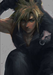Rule 34 | 1boy, arm up, bare shoulders, black gloves, blonde hair, blue eyes, closed mouth, cloud strife, eyes visible through hair, final fantasy, final fantasy vii, gloves, greatsword, grey background, hair between eyes, holding, holding sword, holding weapon, male focus, noie (neunteedelstein), simple background, single bare shoulder, sketch, solo, spiked hair, squatting, sword, twitter username, weapon, weapon on back