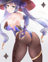 Rule 34 | 1girl, absurdres, artist request, ass, bare shoulders, blush, breasts, come hither, detached sleeves, elbow gloves, from behind, genshin impact, gloves, green eyes, hair ornament, hair ribbon, hand on ass, hat, highres, huge ass, large breasts, leotard, long hair, looking at viewer, mona (genshin impact), pantyhose, purple hair, ribbon, shiny clothes, shiny skin, sideboob, smile, solo, thighlet, twintails, very long hair