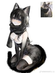 Rule 34 | 1girl, :3, animal ears, between legs, black dress, black hair, black scarf, black skin, black thighhighs, blue eyes, breasts, cat ears, cat girl, cat tail, chinese commentary, cleavage, colored skin, commentary request, dress, from above, full body, gradient skin, hair between eyes, hand between legs, highres, looking up, multicolored skin, original, own hands together, photo inset, qiqiqiqi, reference inset, scarf, seiza, short hair, simple background, sitting, solo, strapless, strapless dress, tail, thighhighs, two-tone skin, v arms, weibo logo, weibo username, white background