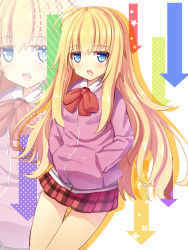 Rule 34 | 10s, 1girl, ahoge, arrow (symbol), blonde hair, blue eyes, colored shadow, contrapposto, cowboy shot, gabriel dropout, hands in pockets, highres, jacket, jitome, liya, long hair, long sleeves, looking at viewer, open mouth, plaid, plaid skirt, red ribbon, ribbon, shadow, skirt, solo, standing, gabriel tenma white, very long hair, white background, zoom layer