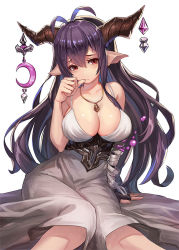 Rule 34 | 10s, 1girl, antenna hair, arm at side, bandaged arm, bandages, black gloves, black hair, blush, breasts, cleavage, closed mouth, collarbone, contrapposto, corset, crescent, danua, draph, dress, female focus, fingerless gloves, frown, gloves, granblue fantasy, grey dress, hair between eyes, head tilt, horn ornament, horns, jewelry, large breasts, long hair, looking at viewer, necklace, pendant, pointy ears, purple hair, raijuu (bakanara), red eyes, single glove, sitting, sleeveless, sleeveless dress, solo, thumb to mouth, underbust, very long hair, white background