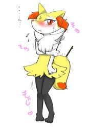 Rule 34 | 1girl, animal ears, animal hands, blush, braixen, creatures (company), embarrassed, feet, female focus, flying sweatdrops, fox ears, fox tail, full body, furry, furry female, game freak, gen 6 pokemon, half-closed eyes, have to pee, heart, holding own arm, knees together feet apart, looking at viewer, nintendo, pigeon-toed, pokemon, pokemon (creature), pokemon xy, red eyes, seiya mesu, simple background, solo, standing, stick, sweat, tail, text focus, translation request, trembling, white background