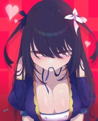 Rule 34 | 1girl, are joel, bare shoulders, black hair, blue dress, blush, breasts, cleavage, closed mouth, dress, flower, hair between eyes, hair flower, hair ornament, hair ribbon, heart, hina misora, large breasts, long hair, looking at viewer, mouth hold, red background, red eyes, ribbon, ribbon in mouth, seductive smile, short sleeves, smile, solo, two side up, undressing, virtual youtuber, wactor production, white flower