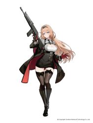 Rule 34 | 1girl, absurdres, assault rifle, black footwear, black thighhighs, blue eyes, boots, breasts, brown hair, character request, cleavage cutout, closed mouth, clothing cutout, corset, framed breasts, full body, girls&#039; frontline, gloves, gun, hairband, harness, head tilt, highres, knee boots, large breasts, looking at viewer, necktie, official art, pencil skirt, reisun001, rifle, short necktie, simple background, skirt, smile, solo, standing, stg-940 (girls&#039; frontline), thighhighs, trigger discipline, underbust, weapon, white background, zettai ryouiki