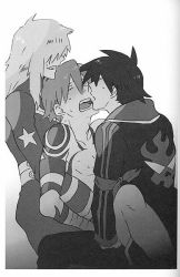 Rule 34 | 00s, 3boys, anal, bandages, clothed male nude male, clothed on nude, group sex, in lap, kamina (ttgl), male focus, male penetrated, mmm threesome, monochrome, multiple boys, nude, sex, simon (ttgl), tattoo, tengen toppa gurren lagann, threesome, viral (ttgl), yaoi