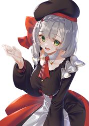 Rule 34 | 1girl, ascot, beret, black hat, bow, braid, braided bangs, breasts, genshin impact, green eyes, hair bow, hand up, hat, highres, kfc, large breasts, long sleeves, meda, noelle (genshin impact), noelle (kfc) (genshin impact), open mouth, red ascot, red bow, short hair, silver hair, simple background, smile, solo, white background