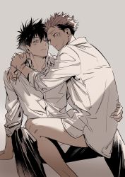 Rule 34 | 2boys, arm tattoo, arms around neck, bikkusama, black hair, black pants, blue eyes, blush, bottomless, collared shirt, extra eyes, eye contact, facial tattoo, fushiguro megumi, hand on another&#039;s back, highres, jujutsu kaisen, long sleeves, looking at another, multiple boys, pants, pink hair, pocket, red eyes, ryoumen sukuna (jujutsu kaisen), shirt, shirt pocket, short hair, shueisha, sitting, sitting on lap, sitting on person, sleeves past elbows, spiked hair, tattoo, undercut, white background, white shirt, yaoi