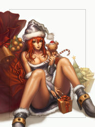 Rule 34 | 1girl, bear, bell, breasts, candy, candy cane, chrisnfy85, christmas tree, cleavage, food, fur trim, gift, hat, highres, holding, holding candy, holding candy cane, large breasts, legs, long hair, red eyes, red hair, santa costume, solo