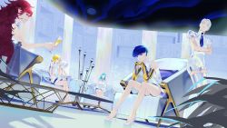 Rule 34 | 6+others, absurdres, alexandrite (houseki no kuni), aqua hair, armchair, bad id, bad pixiv id, bare arms, bare legs, blonde hair, blue eyes, blue hair, bob cut, bottle, bow, bowl cut, cairngorm (houseki no kuni), chair, collared shirt, crossed arms, cup, diamond (houseki no kuni), dress, drinking glass, dutch angle, faceless, flipped hair, floor, frown, gem uniform (houseki no kuni), gii (cvpj3777), golden arms, hair bow, head tilt, high heels, highres, holding, holding cup, houseki no kuni, indoors, jumpsuit, leaning forward, legs together, liquid, long hair, long sleeves, looking at another, looking at viewer, looking down, multiple others, outstretched arm, own hands together, padparadscha (houseki no kuni), phosphophyllite, phosphophyllite (ll), pillar, pillow, profile, puffy long sleeves, puffy sleeves, red eyes, red hair, shiny clothes, shirt, short dress, short hair, sideways glance, sitting, sleeveless, sleeveless dress, spoilers, standing, stiletto heels, swept bangs, table, thighhighs, very long hair, white dress, white eyes, white footwear, white hair, white jumpsuit, white legwear, white shirt, yellow diamond (houseki no kuni)