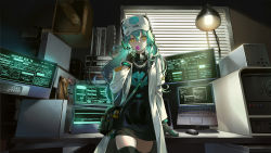 Rule 34 | 1girl, antonina (neural cloud), aqua hair, bag, black dress, window blinds, bracelet, candy, coat, commentary request, computer, cowboy shot, desk, dress, food, girls&#039; frontline, girls&#039; frontline neural cloud, gloves, hair between eyes, hat, headphones, highres, jewelry, lab coat, lamp, laptop, lino chang, lollipop, long hair, looking at viewer, mask, mask around neck, monitor, mouse (computer), parted lips, respirator, shoulder bag, skull print, solo, thighhighs, white coat, yellow eyes, zettai ryouiki