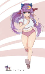 Rule 34 | &gt;:(, 1girl, alternate costume, alternate hairstyle, blue ribbon, breasts, buruma, chibi, chibi inset, closed mouth, collarbone, commentary request, crescent, crescent hair ornament, exercising, exhausted, footprints, gym shirt, gym shorts, hair ornament, hair ribbon, highres, large breasts, light frown, long hair, midriff, multiple views, namiki (remiter00), no headwear, partial commentary, patchouli knowledge, pink footwear, pink shorts, purple eyes, purple hair, red ribbon, ribbon, shirt, shoes, short sleeves, shorts, simple background, solo, sweatdrop, thighs, touhou, turn pale, v-shaped eyebrows, very long hair, white shirt