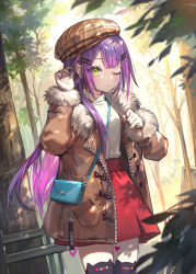 Rule 34 | 1girl, absurdres, animal ear legwear, bag, beret, black thighhighs, breasts, brown coat, brown hat, coat, commentary, cowboy shot, ear piercing, earrings, fur-trimmed coat, fur trim, green eyes, green nails, hair ornament, hairpin, hands up, hat, highres, hololive, jewelry, long hair, long sleeves, looking at viewer, multicolored hair, multicolored nails, nail polish, one eye closed, outdoors, piercing, pink hair, plaid headwear, pointy ears, purple hair, purple nails, red skirt, shoulder bag, shuang xiyu, skirt, solo, standing, sweater, thighhighs, tokoyami towa, tree, two-tone hair, very long hair, virtual youtuber, white sweater