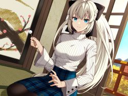 Rule 34 | 1girl, black bow, blue eyes, blush, bow, braid, breasts, contemporary, fate/grand order, fate (series), french braid, grey hair, highres, indoors, lap pillow invitation, looking at viewer, mimikaki, morgan le fay (fate), patting, patting lap, plaid, plaid skirt, ribbed sweater, seiza, sitting, skirt, smile, solo, sweater, tatami, tila 276