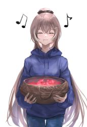 Rule 34 | 1girl, alternate costume, basket, brown hair, chan1moon, closed mouth, closed eyes, food, highres, holding, holding basket, hololive, hololive english, hood, long hair, long sleeves, musical note, nanashi mumei, ponytail, simple background, smile, solo, virtual youtuber, white background