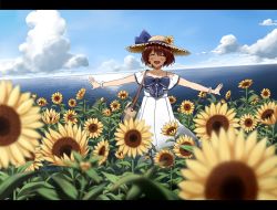 Rule 34 | 1girl, alternate costume, any (lucky denver mint), blue sky, brown hair, closed eyes, cloud, commentary request, day, dress, facing viewer, flower, hat, horizon, kantai collection, letterboxed, ocean, outdoors, outstretched arms, ribbon, short hair, sky, smile, solo, speaking tube headset, straw hat, sun hat, sundress, sunflower, water, white dress, yukikaze (kancolle)