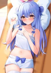 Rule 34 | 1girl, absurdres, animal ears, bare arms, bare shoulders, blue bow, blue hair, blue ribbon, blue shirt, blue shorts, blush, bow, closed mouth, collarbone, cowboy shot, crop top, double bun, extra ears, hair between eyes, hair bun, hair ribbon, hand on own chest, highres, hololive, long hair, looking at viewer, lying, mikumineko, navel, on back, on bed, orange eyes, pillow, rabbit-shaped pupils, rabbit ears, ribbon, shirt, short eyebrows, short shorts, shorts, sidelocks, smile, solo, stomach, symbol-shaped pupils, thick eyebrows, thighhighs, usada pekora, virtual youtuber