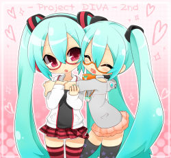 Rule 34 | aqua hair, bespectacled, blush, chibi, clone, dual persona, glasses, hatsune miku, inuue kiyu, kocchi muite baby (vocaloid), long hair, patterned legwear, print legwear, project diva, project diva (series), project diva 2nd, red eyes, striped clothes, striped legwear, striped thighhighs, thighhighs, twintails, very long hair, vocaloid, zettai ryouiki