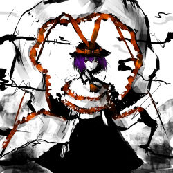 Rule 34 | 1girl, bad id, bad pixiv id, capelet, female focus, frills, hat, nagae iku, partially colored, purple hair, red eyes, shawl, solo, touhou, violence kumahina, white background