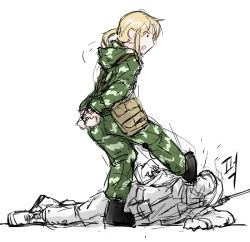 Rule 34 | 1boy, 1girl, anya (dutchko), bad id, bad pixiv id, blonde hair, boots, bound, camouflage, dutchko, kicking, m16, m16a2, military, military uniform, original, ponytail, pouch, short hair, sketch, soldier, tied up (nonsexual), uniform, woodland camouflage