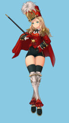 Rule 34 | 1girl, absurdres, aqua eyes, armor, band uniform, black bow, black bowtie, black footwear, black shorts, black thighhighs, blonde hair, blue background, blush, bow, bowtie, buttons, closed mouth, collared shirt, commentary, covered navel, cropped jacket, crossed legs, cuff links, double-breasted, dress shirt, english commentary, epaulettes, eq (massar9103), eyelashes, forehead, full body, gloves, greaves, hand on own hip, hat, high-waist shorts, highres, jacket, long hair, long sleeves, looking at viewer, majorette, marching band, marching band baton, original, red gloves, red hat, red jacket, red vest, shako cap, shirt, short shorts, shorts, simple background, skindentation, sleeve cuffs, smile, solo, standing, thigh gap, thighhighs, vest, watson cross, wavy hair, white shirt, wing collar